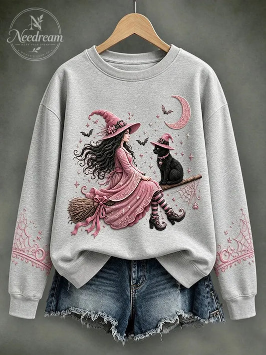 Women'S Retro Pink Witch Print Round Neck Sports Shirt