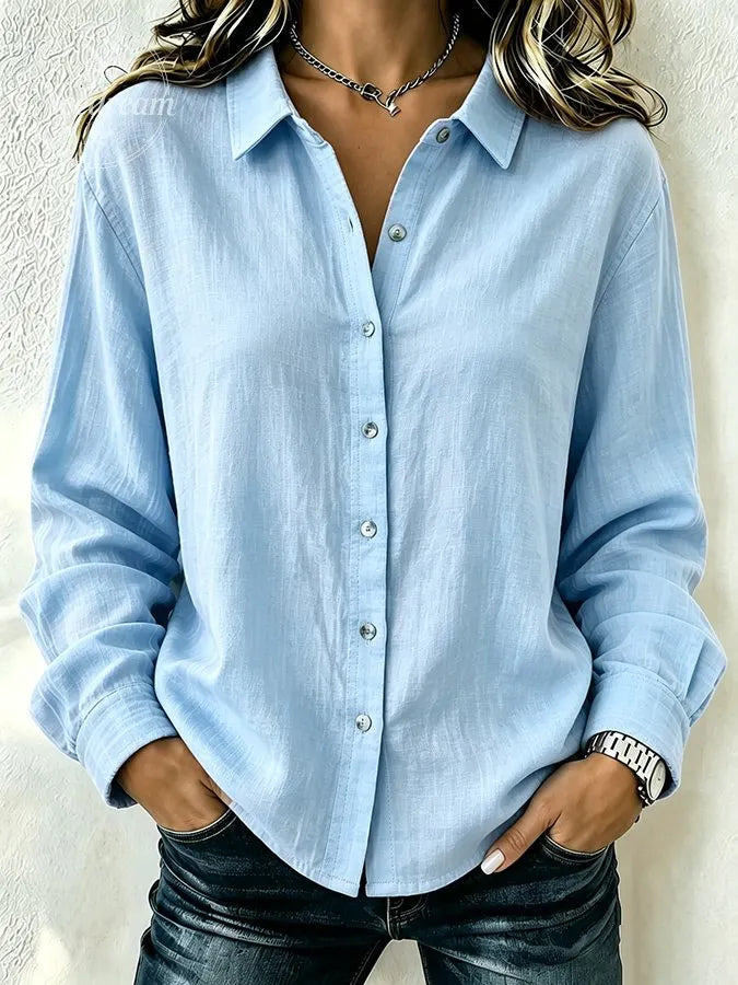 Women'S Solid Color Lapel Long Sleeved Shirt