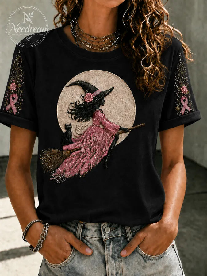 Women'S Pink Witch-Themed Printed Casual T-Shirt