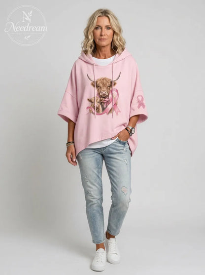 Women's Breast Cancer Awareness Highland Cow Printed Hoodie