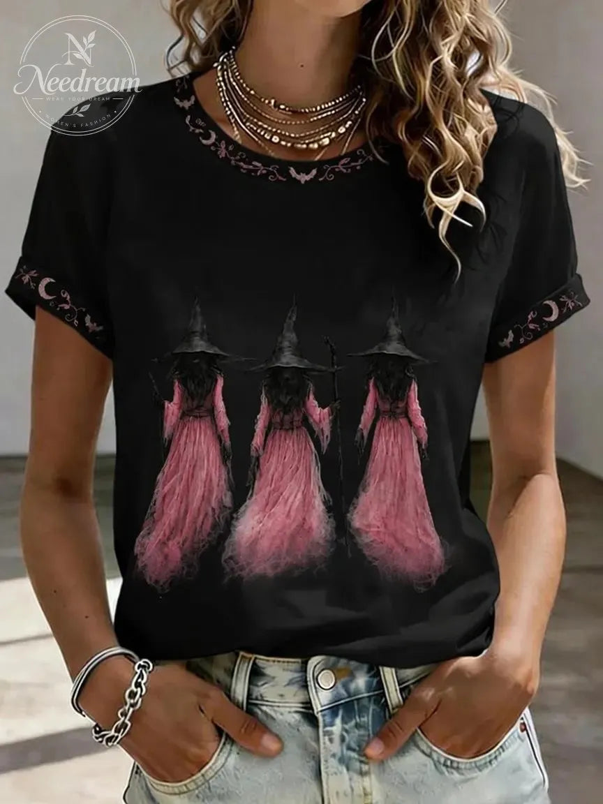 Women'S Retro Halloween Pink Witch Print Casual T-Shirt