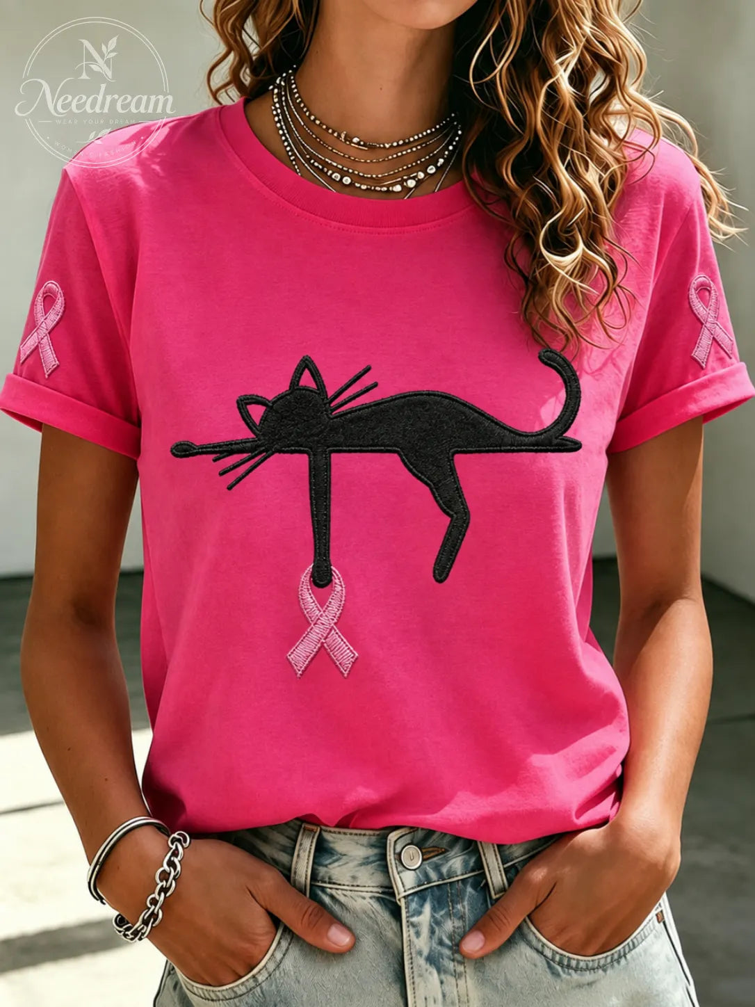 Women'S Pink Ribbon Cat Print Breast Cancer Awareness Short-Sleeved T-Shirt
