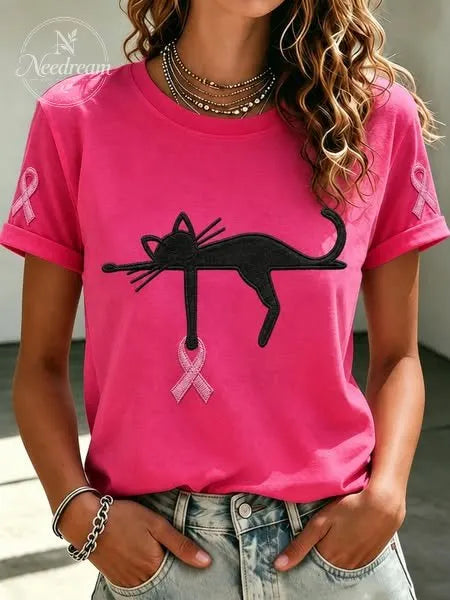Women'S Cat And Pink Ribbon Round Neck 100% Cotton T-Shirt