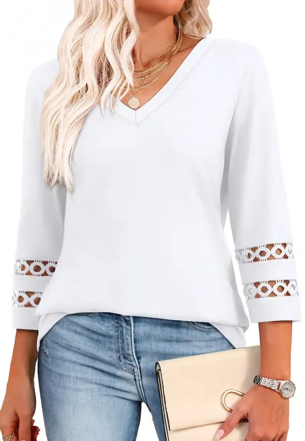2025 New Womens 3/4 Length Sleeve Tops Trendy V Neck T Shirts
