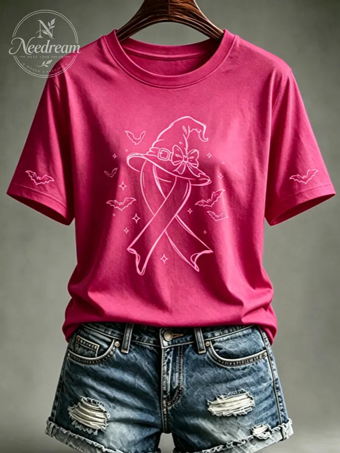 Women's Pink Witch Hat Printed Casual T-Shirt