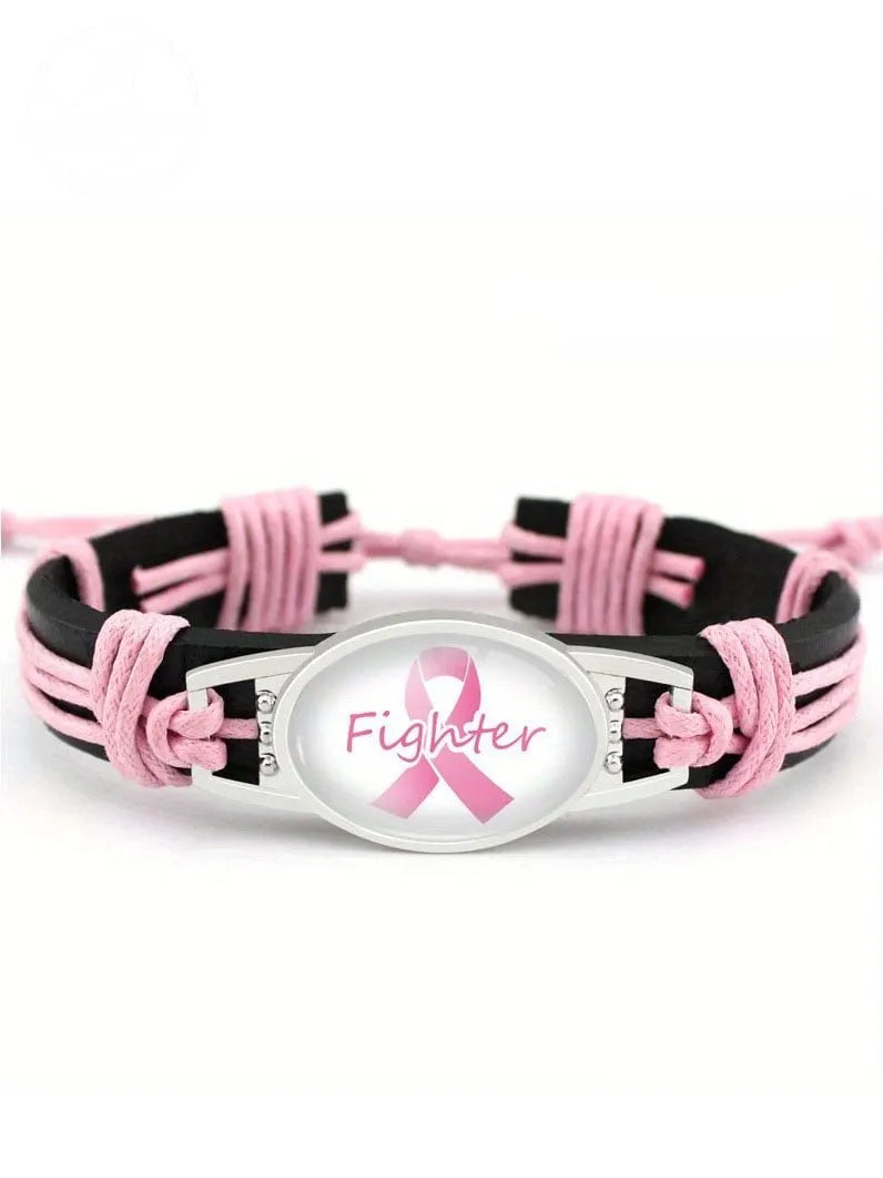 Pink Ribbon Breast Cancer Hand Woven Cow Leather Bracelet