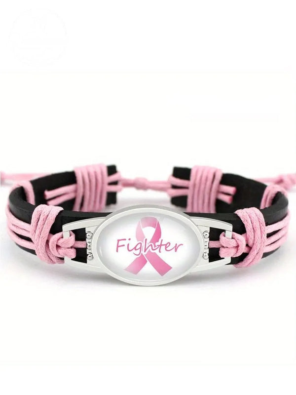 Pink Ribbon Breast Cancer Hand Woven Cow Leather Bracelet
