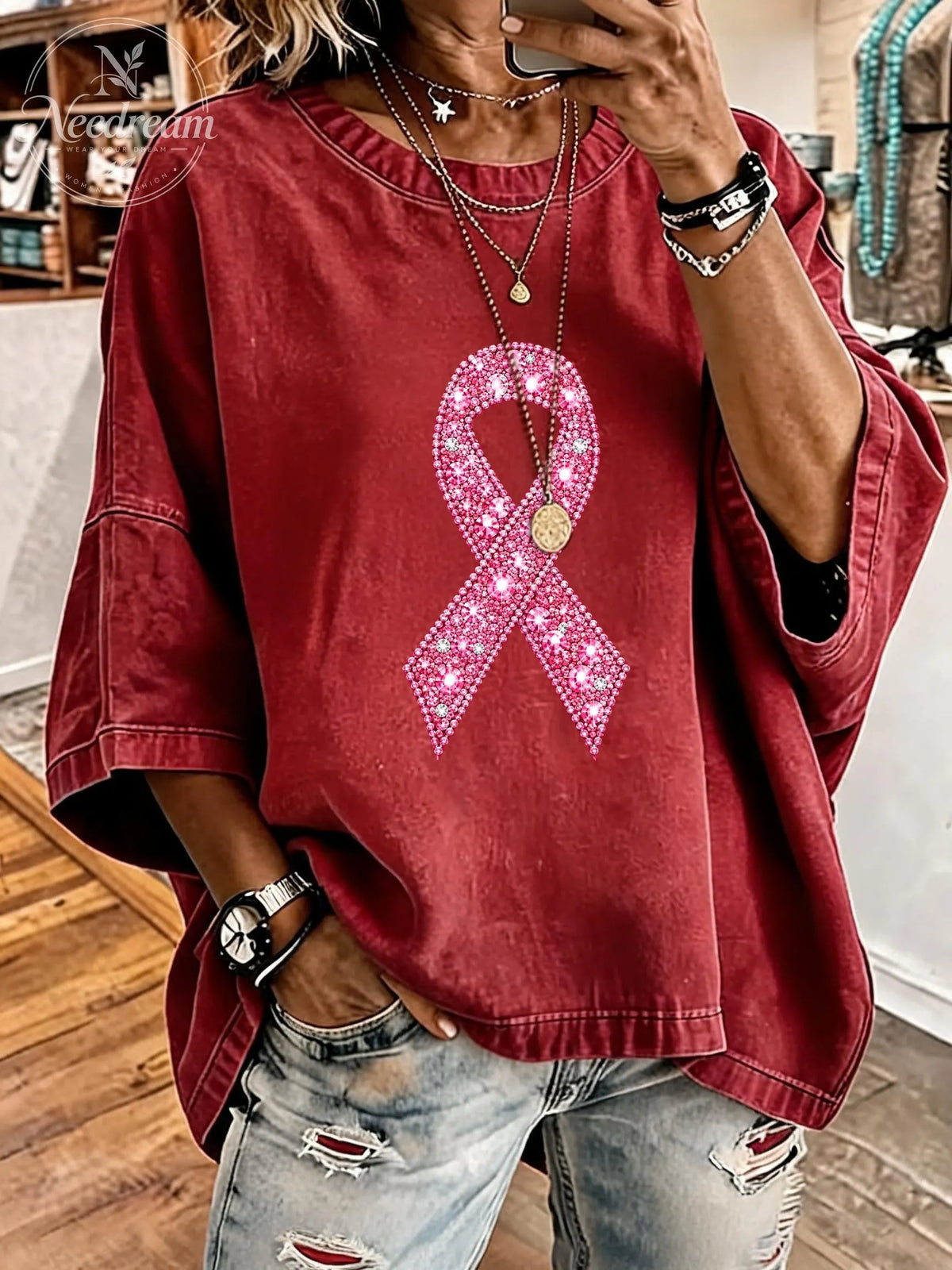 Women's Breast Cancer Awareness Pink Ribbon Distressed Washed Oversized T-Shirt