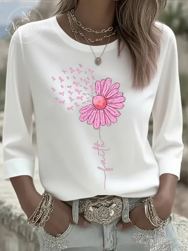 Women's Breast Cancer Faith Printed  Three-Quarter Sleeve Round Neck T-Shirt