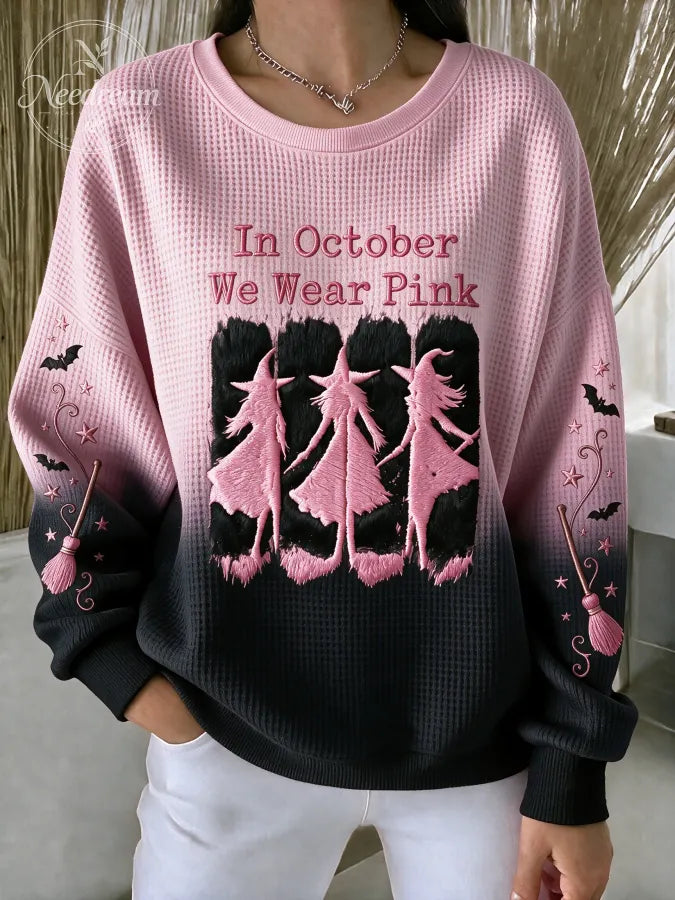 Women'S Pink Witch-Themed Waffle Sweatshirt