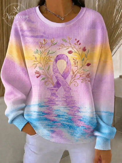 Women's Breast Cancer Awareness Floral Ribbon Printed Sweatshirt