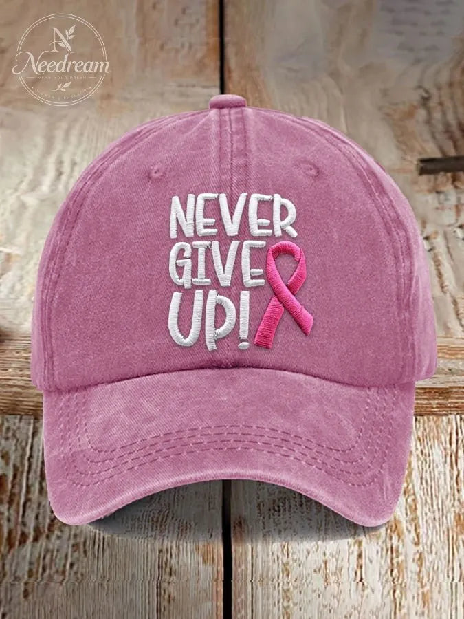 Never Give Up Pink Ribbon Breast Cancer Awareness Print Baseball Cap