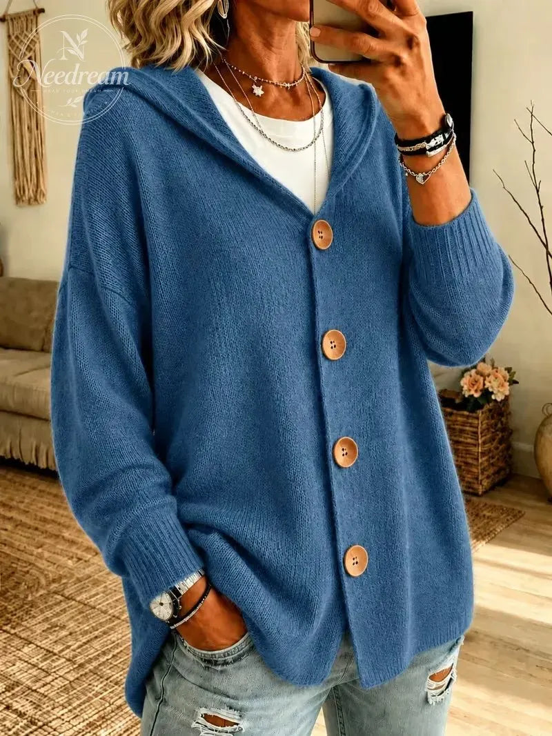 Ladies' Casual Knitted Hooded Long Sleeved Cardigan