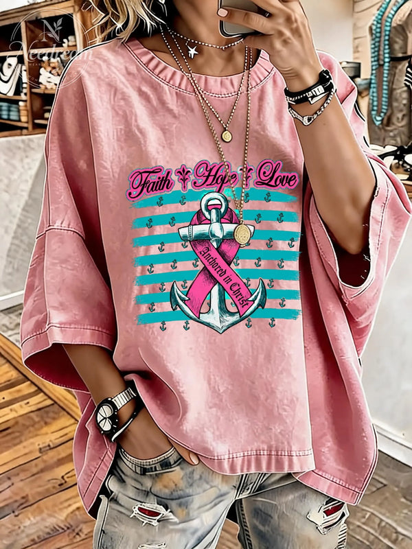 Women's Breast Cancer Awareness Hope Distressed Washed Oversized T-Shirt