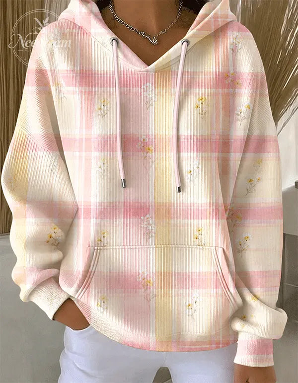 Women's Pastel Plaid Floral Print Casual Oversized Hoodie
