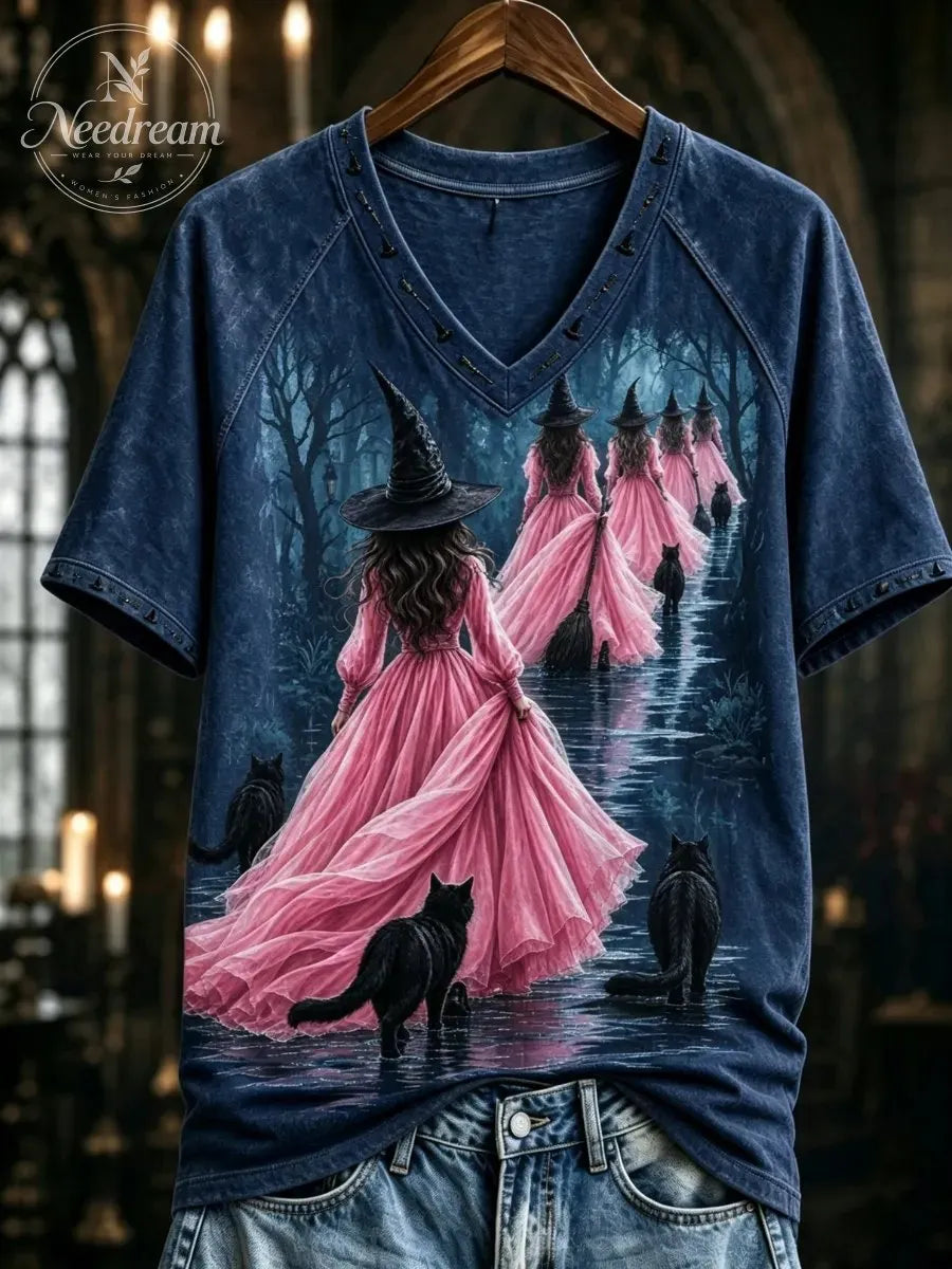 Women's Pink Witch-Themed Print Casual T-Shirt