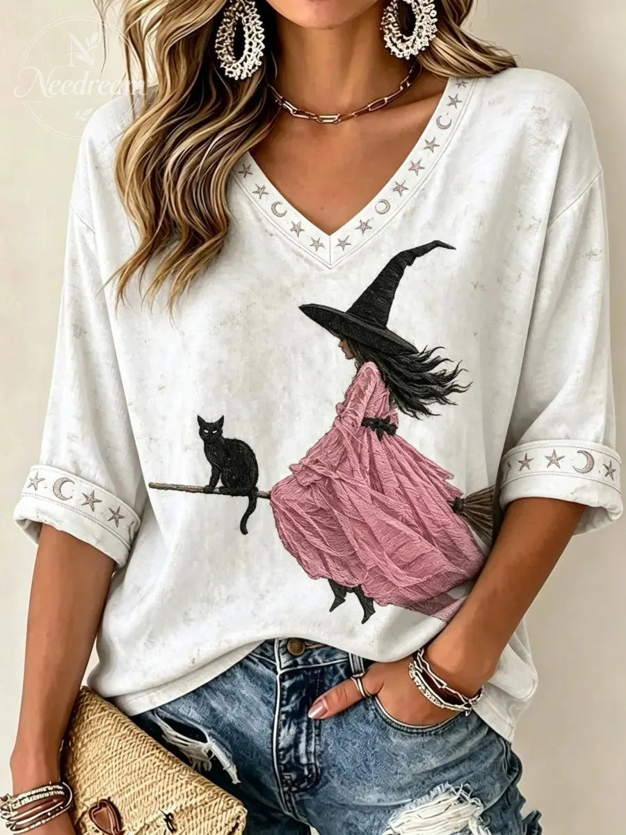 Women'S Pink Witch-Themed Print Waffle V-Neck Top