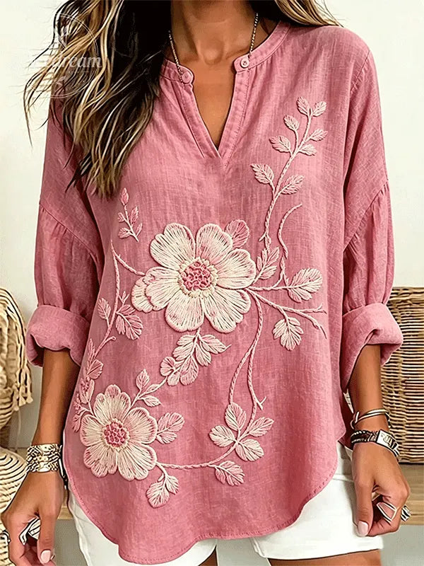 Women's Large Floral Embroidered Henley Neck Linen Blouse