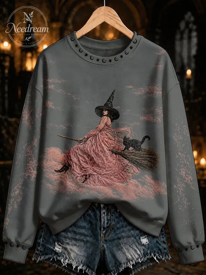 Women's Pink Witch-Themed Print Casual Sweatshirt