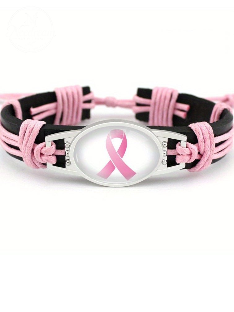 Pink Ribbon Breast Cancer Hand Woven Cow Leather Bracelet