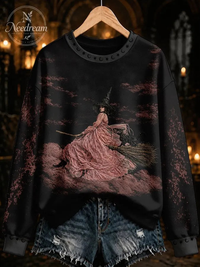 Women's Pink Witch-Themed Print Casual Sweatshirt