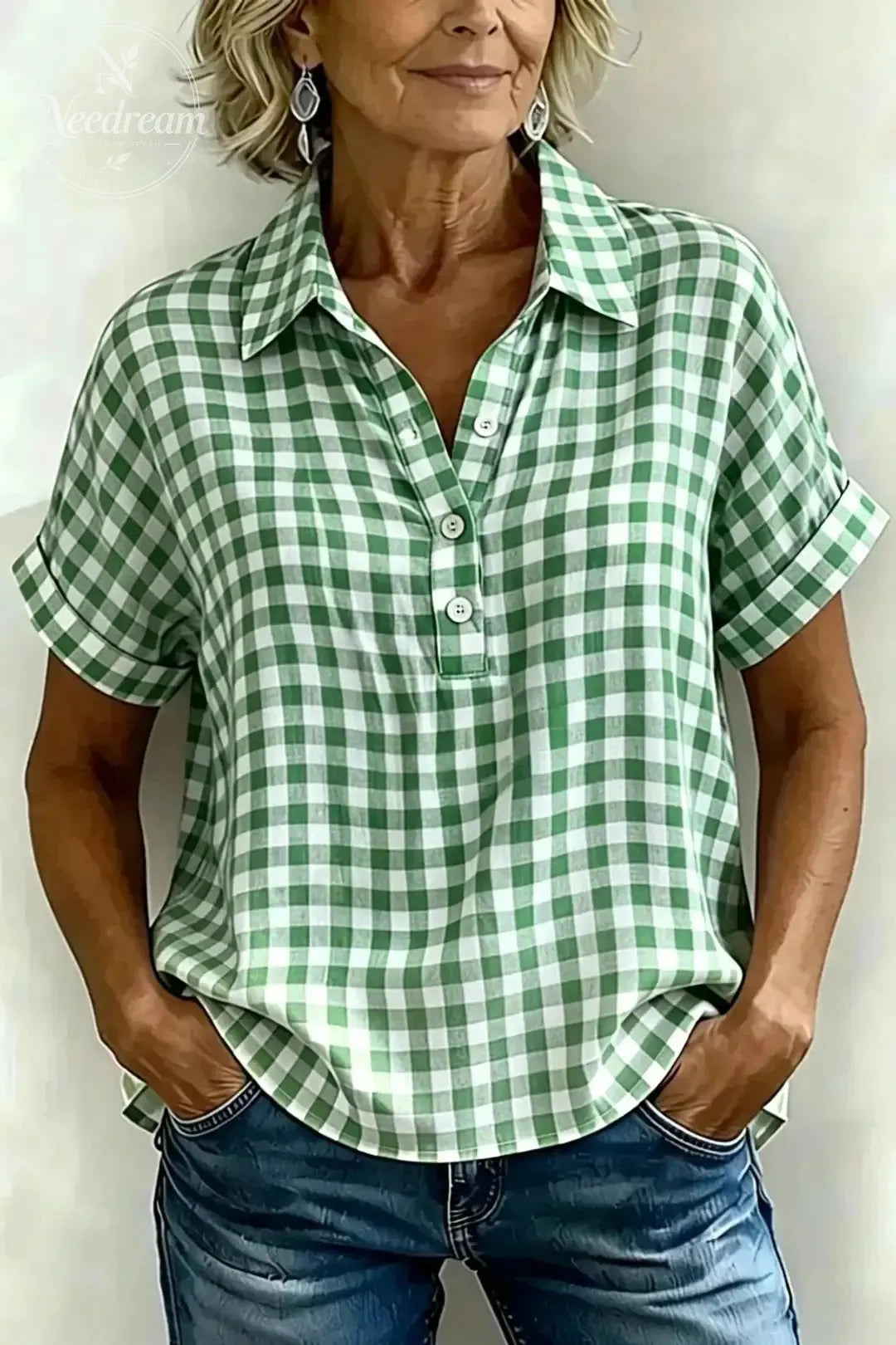 Women's Classic Plaid Cotton-Linen V-Neck Button-Front Shirt