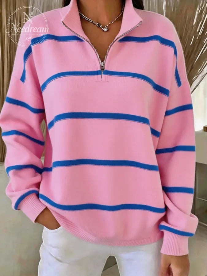 Women Striped Half Open Collar Casual Spring/Fall Long Sleeve Sweatshirt