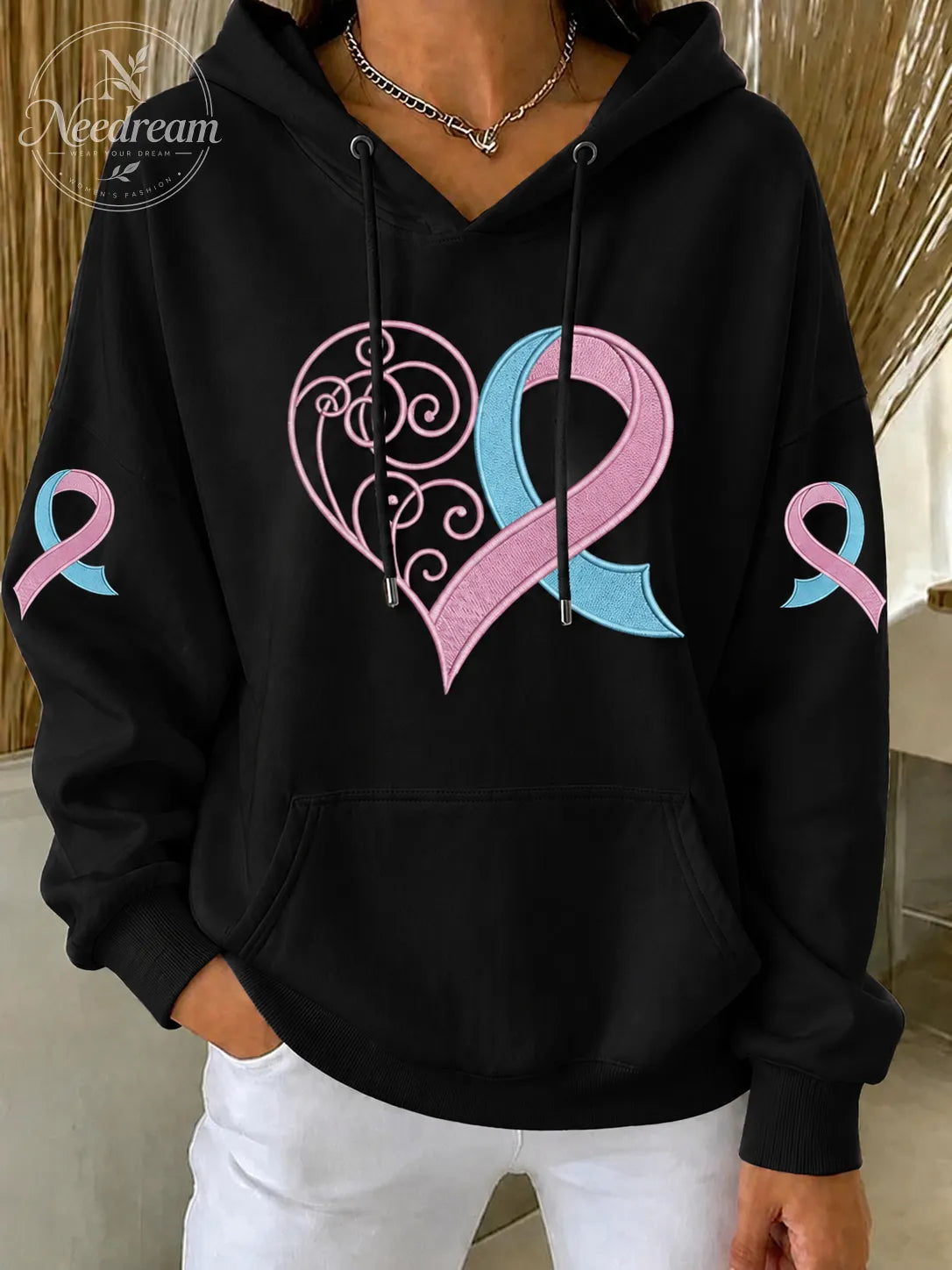Women'S Retro Breast Cancer Awareness Love Printed Long Sleeve Hoodie
