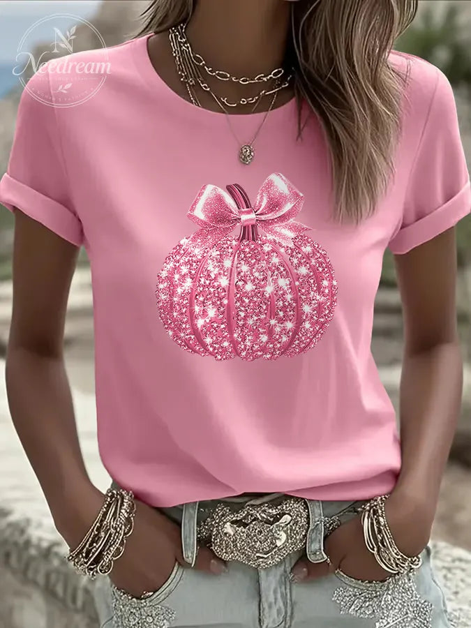 Women's Breast Cancer Sequined Pumpkin Print Casual T-shirt