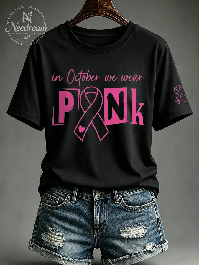 Women's In October We Wear Pink Printed Casual T-Shirt