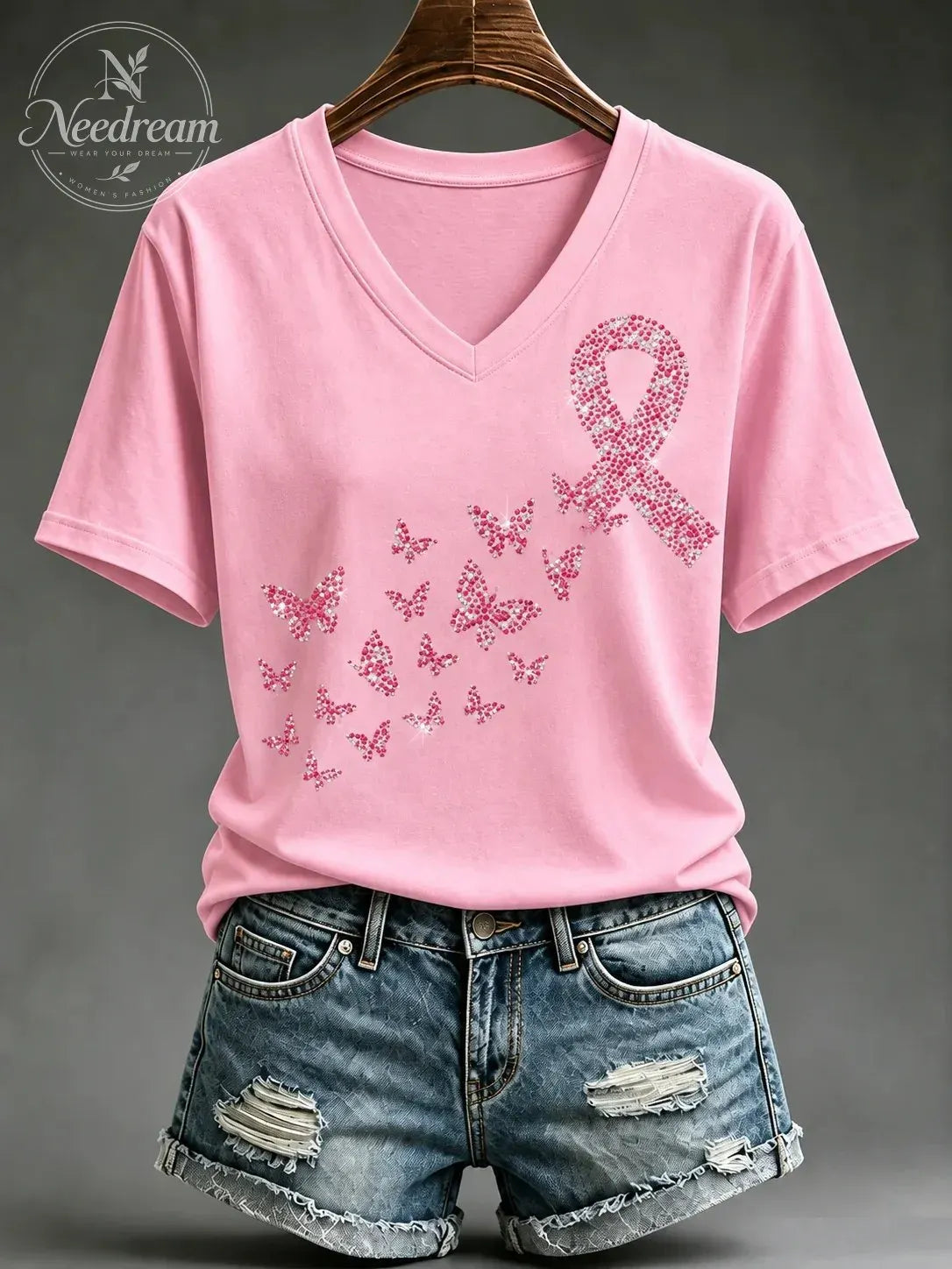 Women's Pink Breast Cancer Print Cotton Blend Short Sleeve T-Shirt