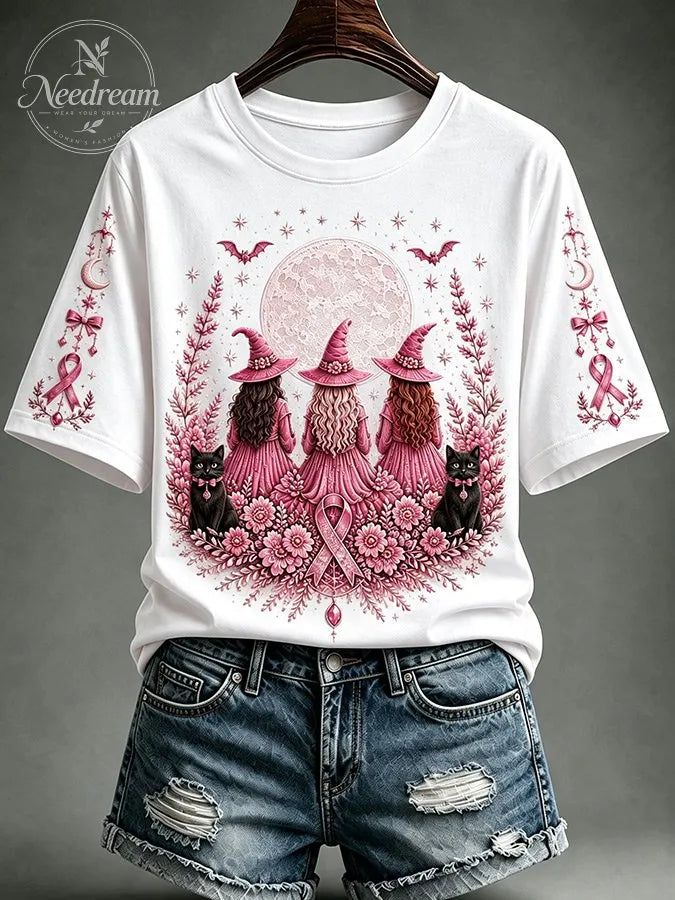Women's Breast Cancer Awareness Black Cat Pink Ribbon Short-Sleeve T-Shirt
