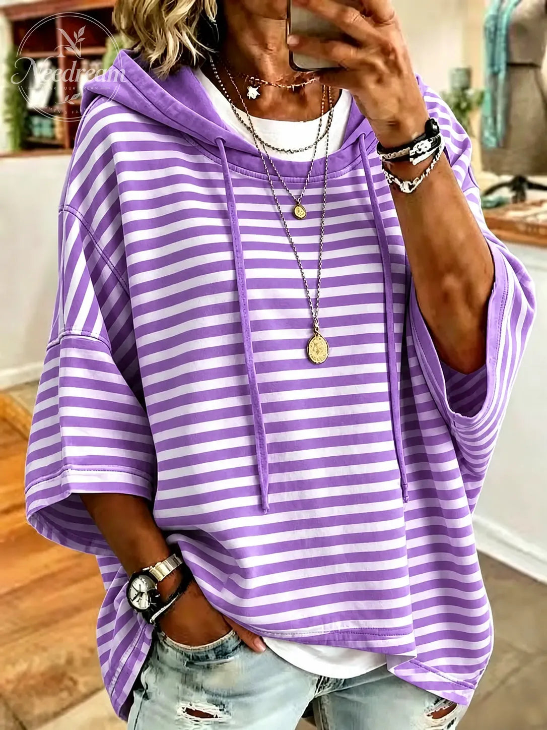 Women's Casual Loose Casual Striped Hooded Sweatshirt