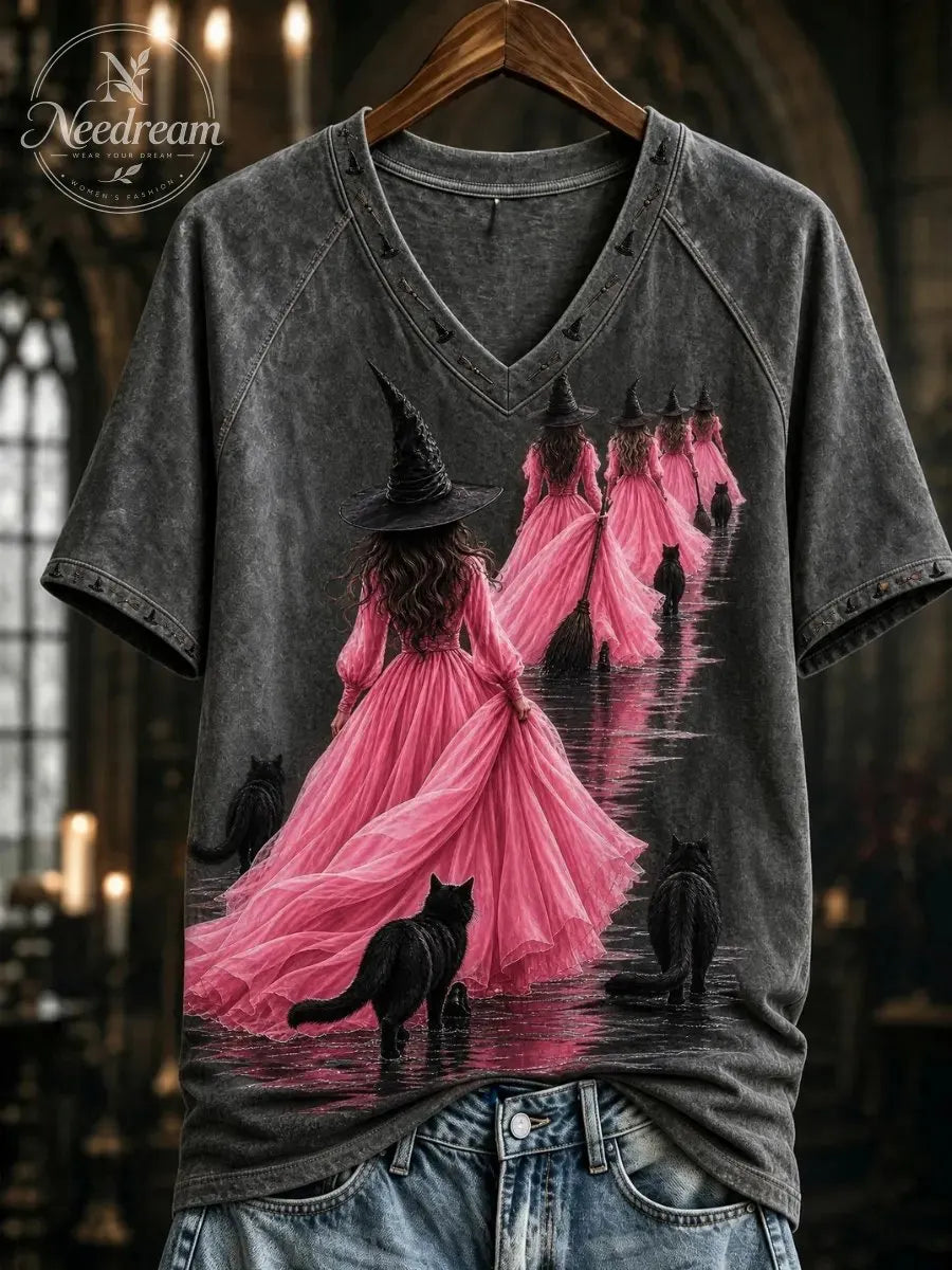 Women's Pink Witch-Themed Print Casual T-Shirt