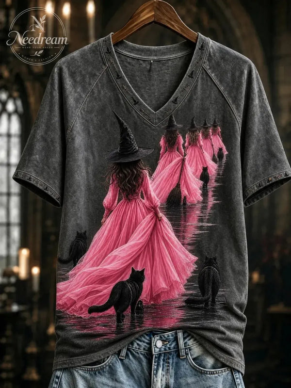 Women's Pink Witch-Themed Print Casual T-Shirt