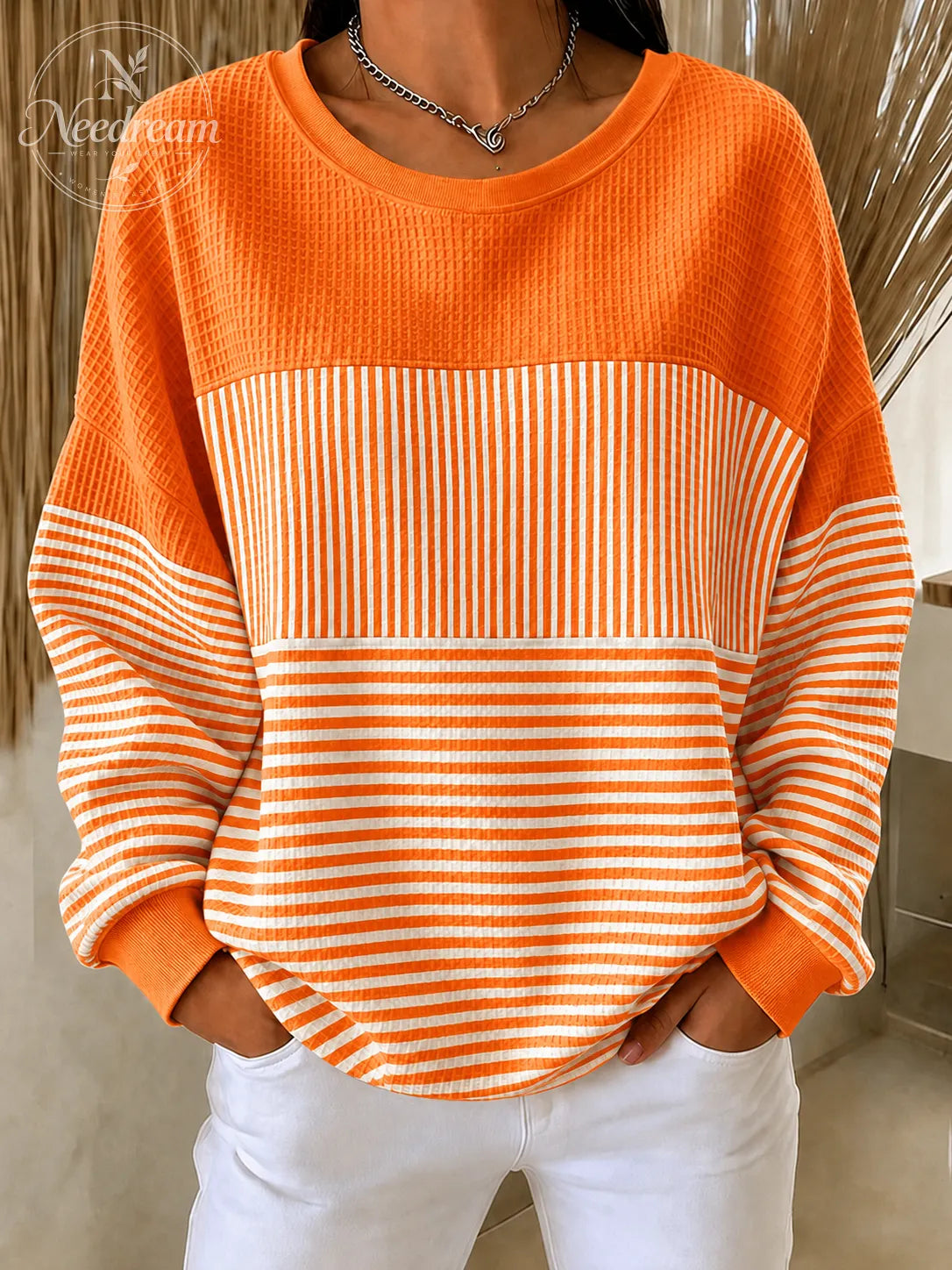 Women'S  Pink Art Patchwork Waffle Sweatshirt