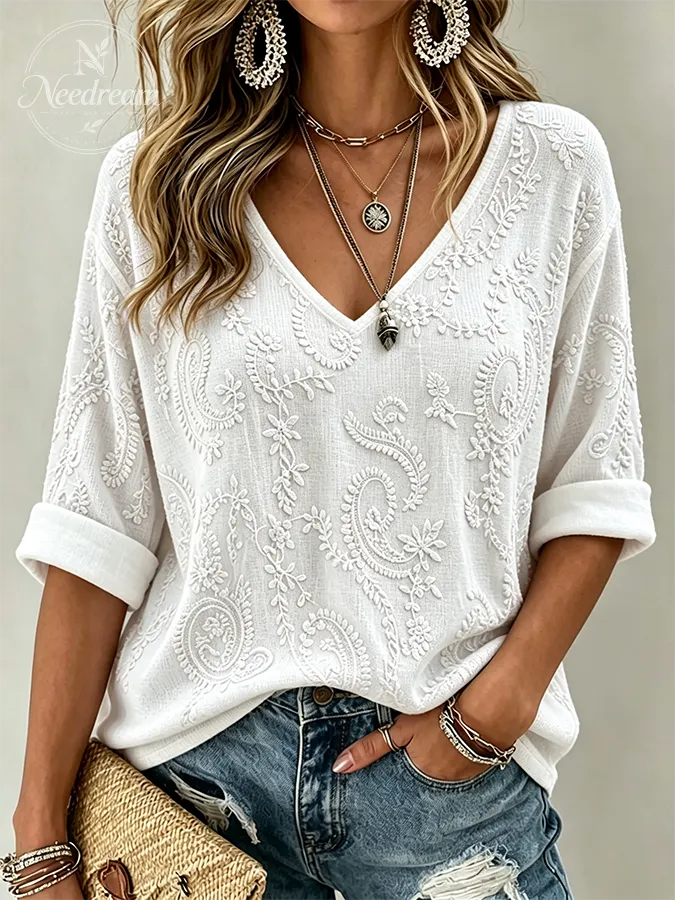 Women Flower Waffle V-neck Print Top
