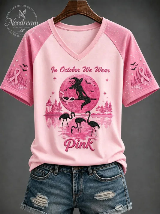 Women's Breast Cancer “IN OCTOBER WE WEAR Pink” Printed V-neck T-shirt