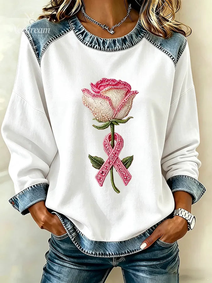 Women's breast cancer propaganda flower round neck long sleeve sweatshirt