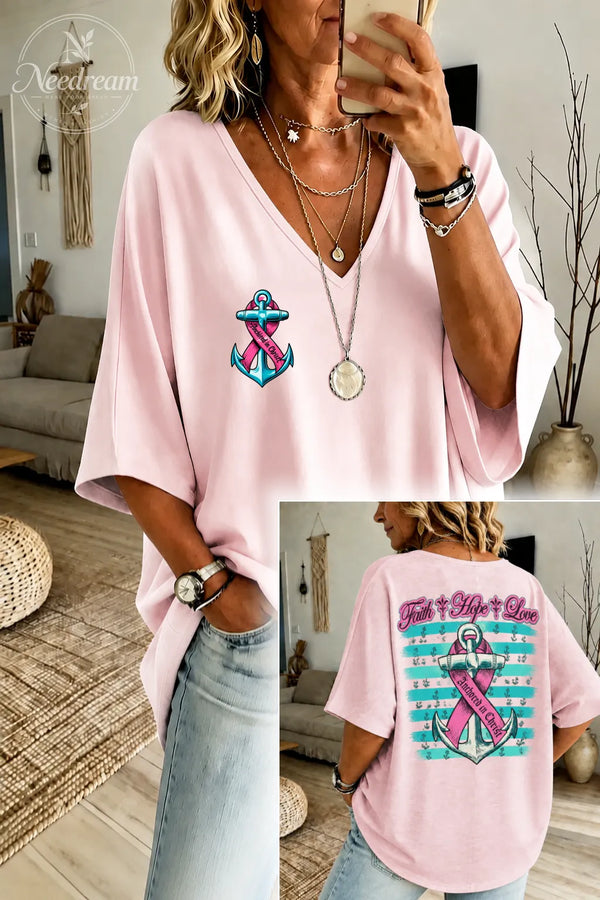 Women's Breast Cancer Awareness Hope Loose-Fit Pure Cotton V-Neck T-Shirt