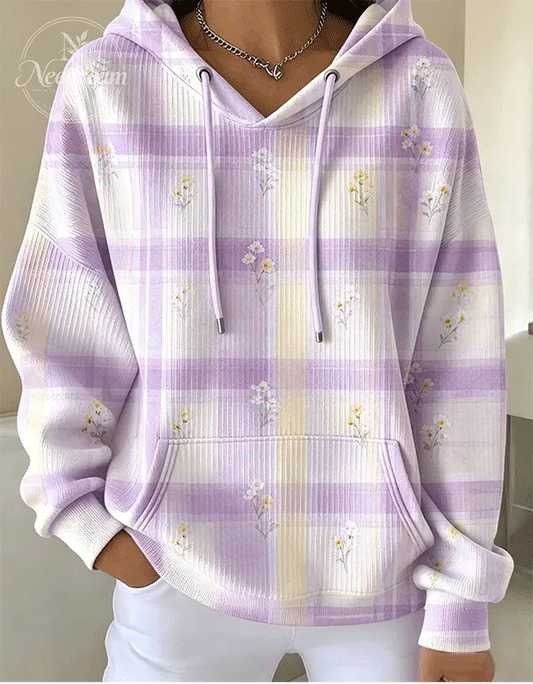 Women's Pastel Plaid Floral Print Casual Oversized Hoodie