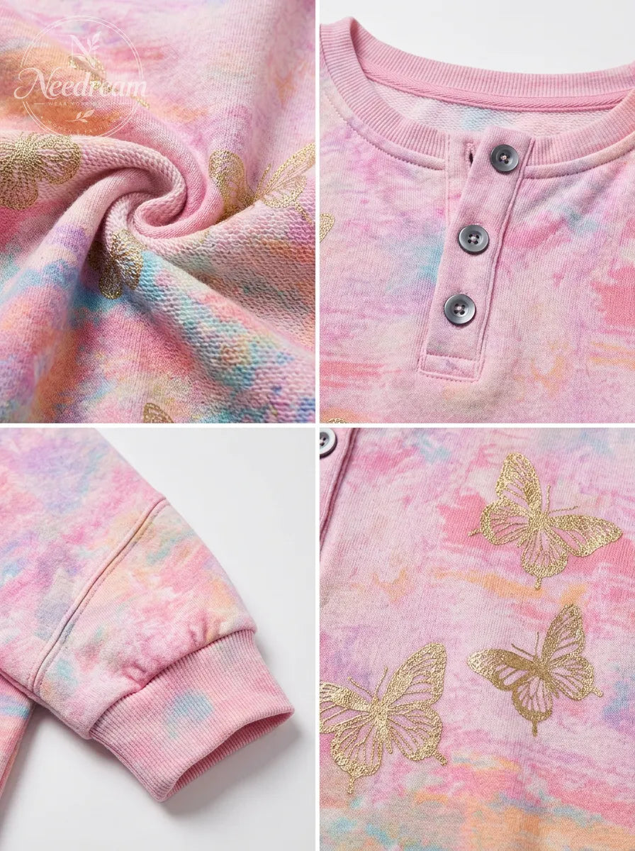 Women's Breast Cancer Awareness Gold Butterfly Printed Henley Sweatshirt