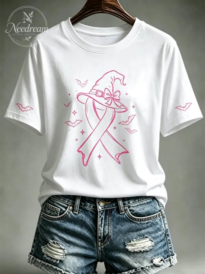 Women's Pink Witch Hat Printed Casual T-Shirt
