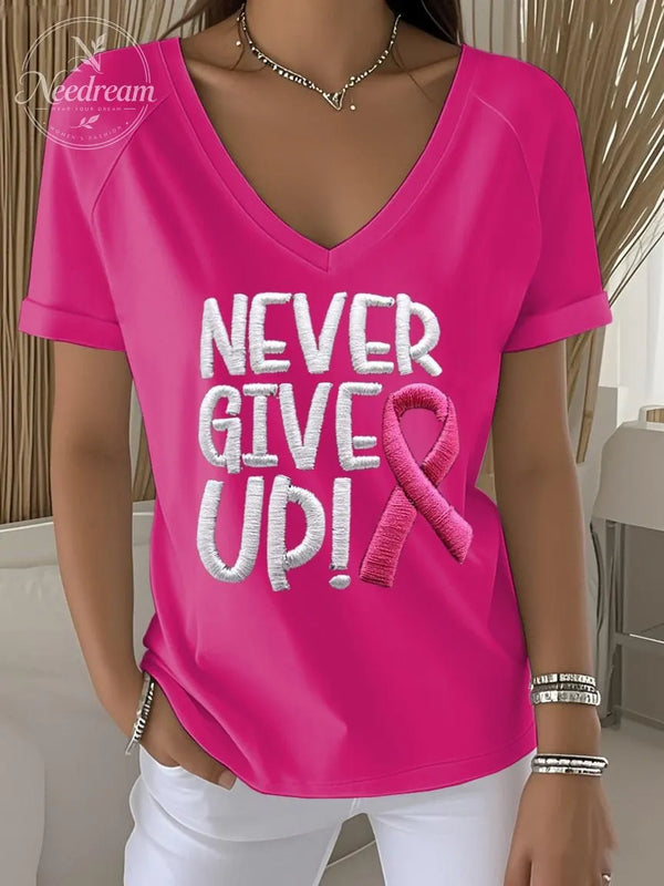 Women's Retro Never Give Up Breast Cancer Awareness Printed Raglan V-Neck T-Shirt