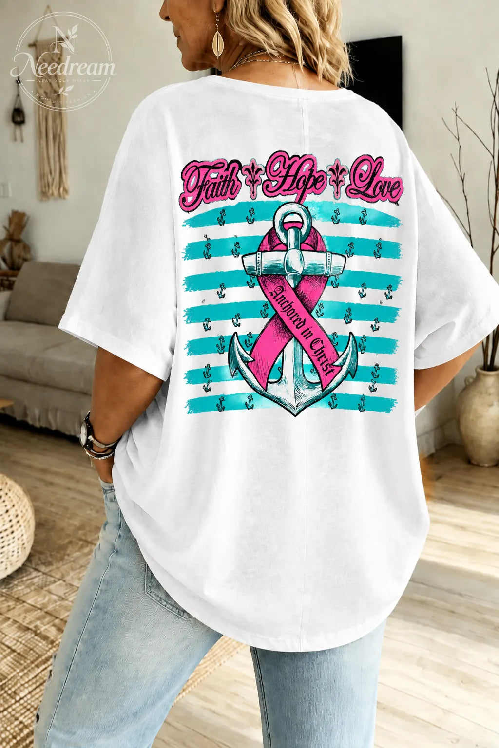 Women's Breast Cancer Awareness Hope Loose-Fit Pure Cotton V-Neck T-Shirt
