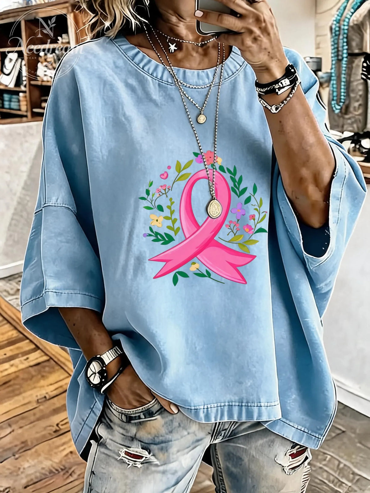 Women's Breast Cancer Awareness Ribbon Distressed Washed Oversized T-Shirt