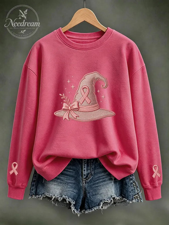 Women Pink Ribbon Witch Hat Embroidered Casual Sweatshirt