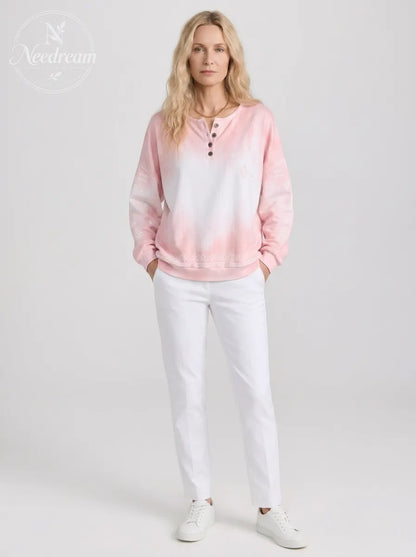 Women's Breast Cancer Awareness Pink Tie-Dye Geometric Printed Henley Sweatshirt