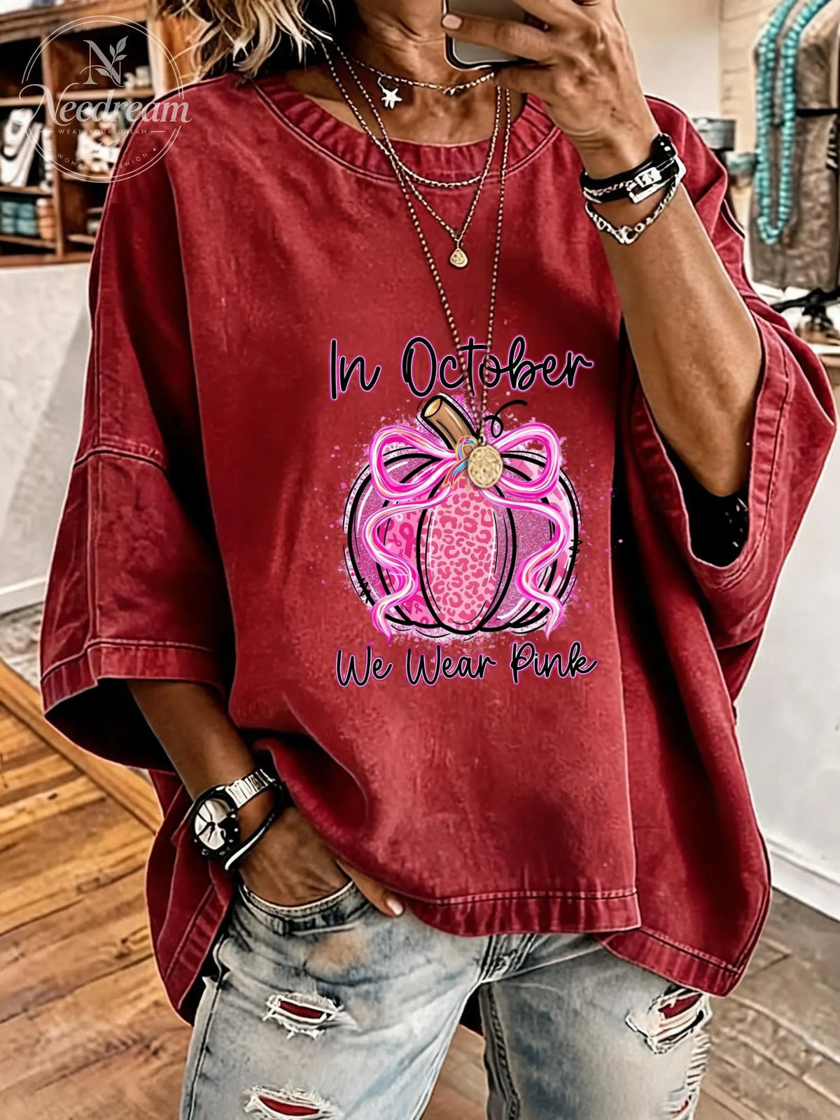 Women's Breast Cancer Awareness Distressed Washed Oversized T-Shirt