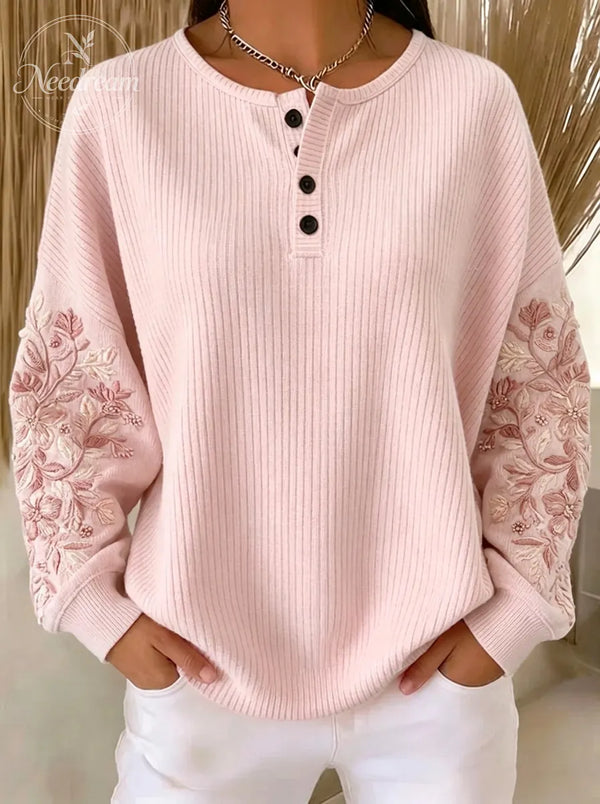 Women's Breast Cancer Awareness Floral Embroidered Printed Sweatshirt